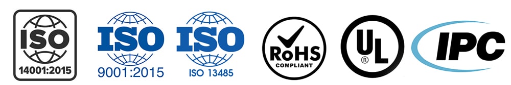 ISO 14001:2015, ISO 9001:2015, ISO 13485:2016, ROHS, UL 94v0, IPC-600G classll, and IPC-6012B classll icon